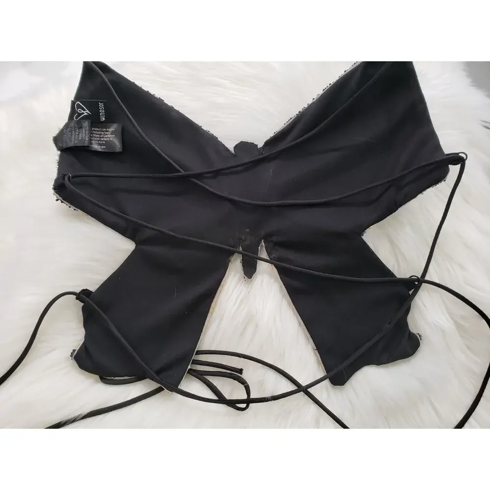 Vintage 00s Butterfly Crop Top Gold Black Rhinestones Strappy Open Back y2k 2000 - Picture 9 of 12